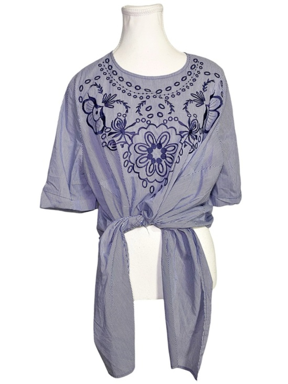 ELOQUII Blue Pinstripe Floral Embroidered Tie-Front Boho Cotton Blouse
